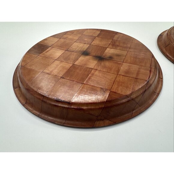 Vintage Parquet Weave Wood Round Serving Platter Large 13” Woven Mid Century MCM - Picture 4 of 11